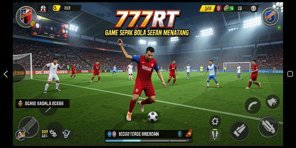 Screenshot gameplay 777RT menunjukkan aksi menegangkan di lapangan sepak bola.