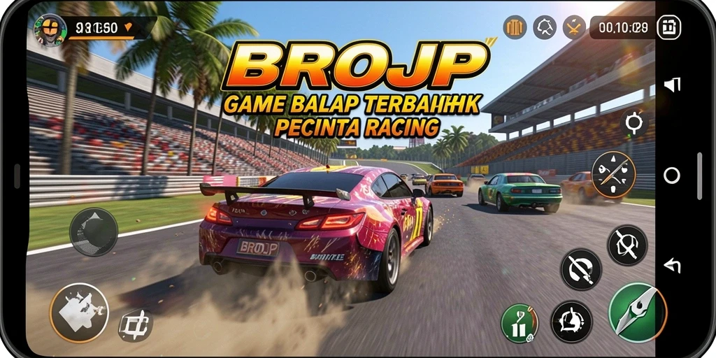Screenshot BROJP menunjukkan aksi balap yang mendebarkan dan mobil yang menakjubkan.