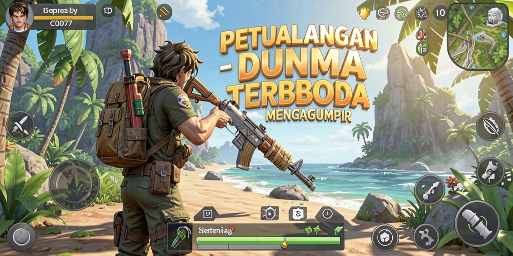 Screenshot gameplay C0077 menampilkan eksplorasi dunia terbuka yang luas.