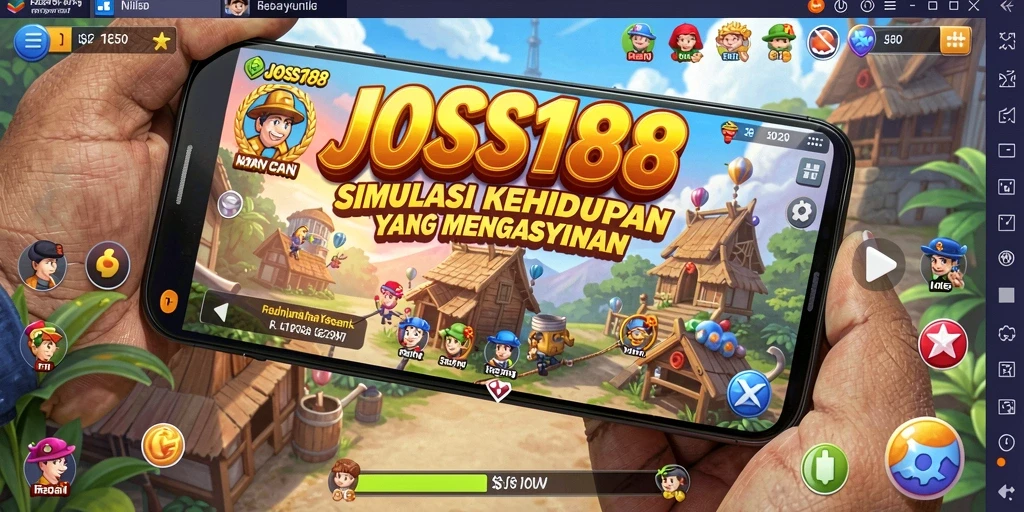 Tangkapan layar gameplay JOSS188 menampilkan interaksi antar karakter dalam simulasi kehidupan.