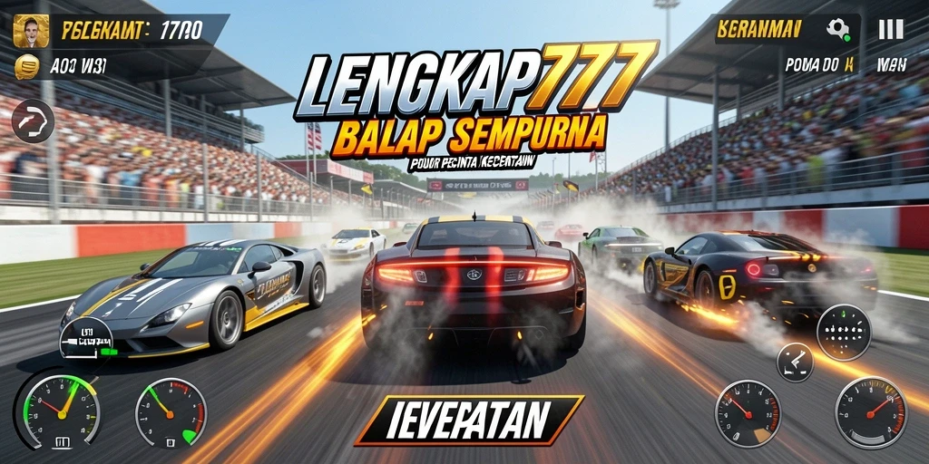 Screenshot gameplay LENGKAP777 menampilkan aksi balapan yang seru dan mendebarkan.