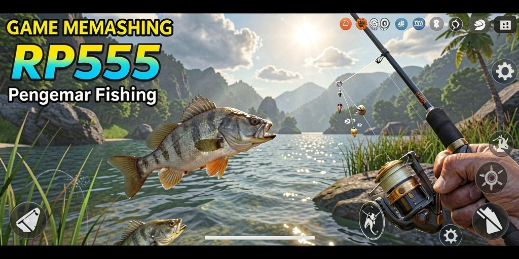 Screenshot gameplay RP55 yang menampilkan suasana memancing yang seru.