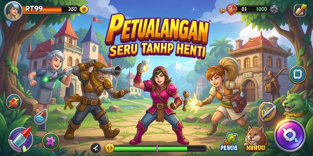 Tampilan gameplay seru RT99 dengan karakter dan rintangan yang menarik.
