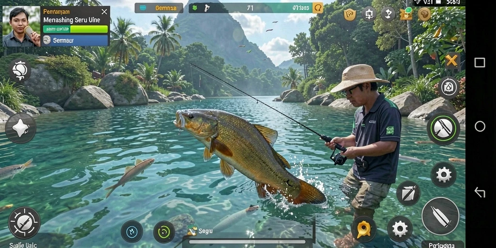 Screenshot V21 menampilkan gameplay menarik saat memancing di danau.