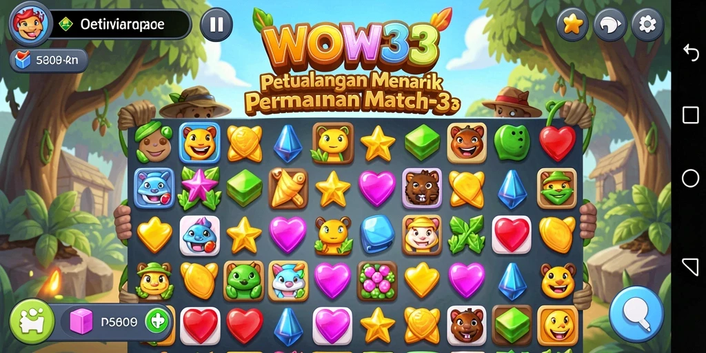 Tangkapan layar utama WOW33 menunjukkan gameplay Match-3 yang dinamis dan penuh warna.